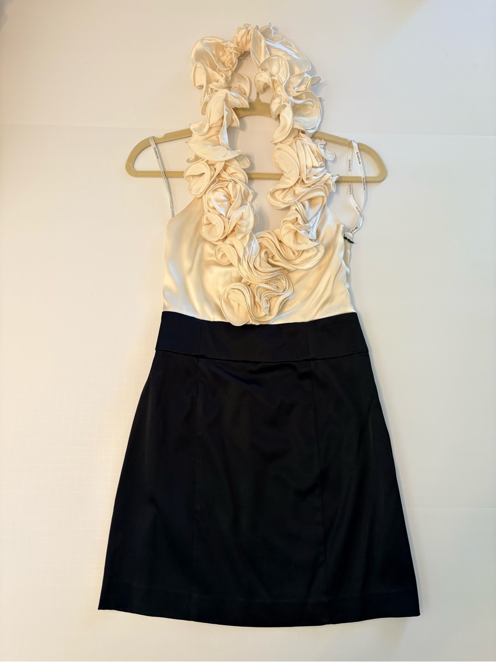 Kacey Montoya’s Closet | Bebe Satin Two-Tone Dress in Ivory and Black